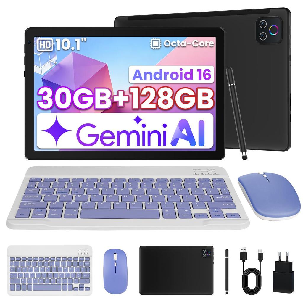 Tablet Android 16, 10,1 cala, 30 GB RAM + 128 GB ROM, Bateria 5000 mAh