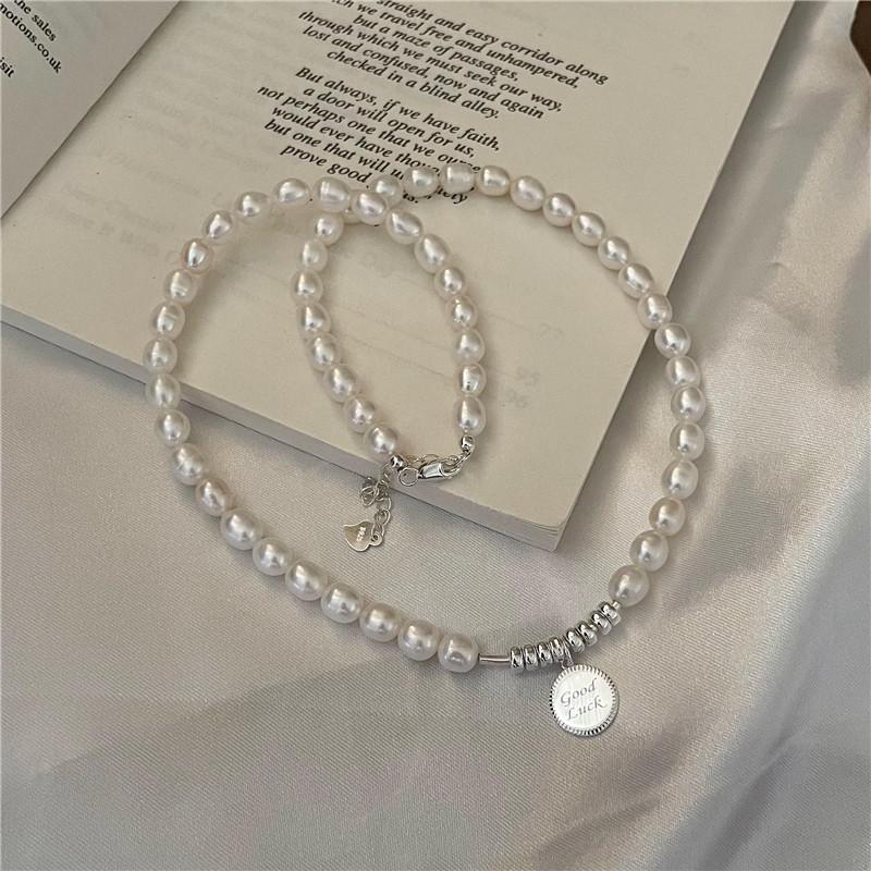 S925 Sterling Silver Freshwater Pearl Retro Handmade Good Luck Necklace & Bracelet Set - Fashionable Simple Clavicle Chain