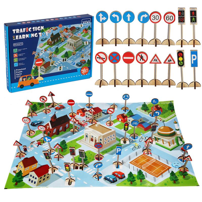 Interesting Toys Montessori Traffic Road Signs Children Toys Wooden 3D Road Signs Scene Cognition Sensory Games Set Educational Toys For Children