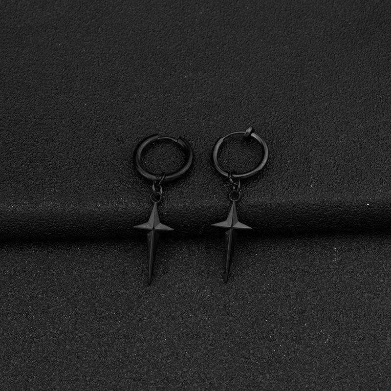 Unisex 3D Four-Pointed Star Cross Ear Clips - Non-Piercing Hip Hop Punk Style in Titanium Stainless Steel