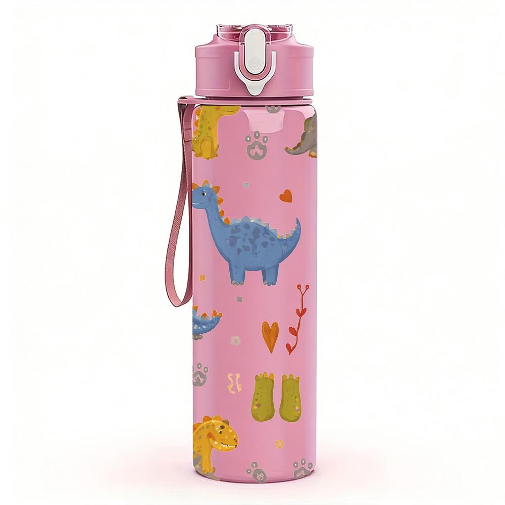 1PC Cute Dinosaur Seamless Pattern Print 750ml Color Plastic Sports Water Bottle Leakproof Flip Straw Lid Suitable for Sports Office Home Use