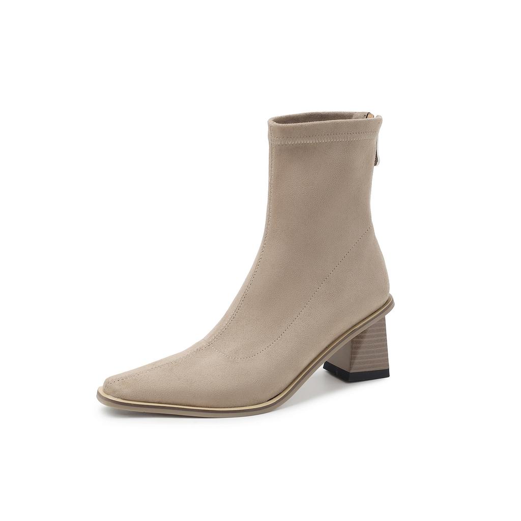 6CM Niche Fashion Simple Elastic Thin Boots 2025 Autumn and Winter New Square Head Thick Heel Rear Zipper High Heel Short Boots