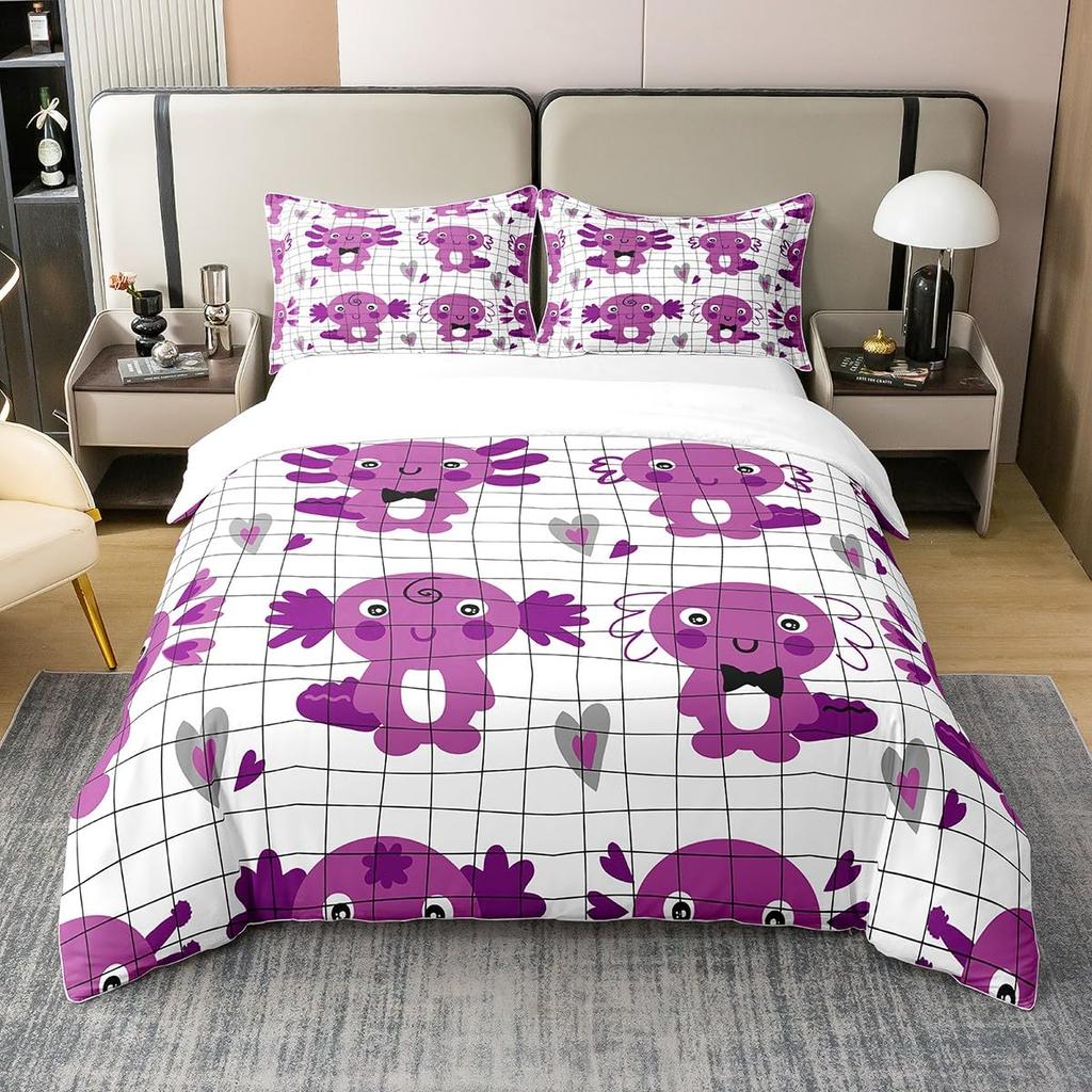 Cartoon Axolotl Bedding Set Twin Full Size Cute Ocean Animal Duvet Cover with 2 Pillow Sham Pink Comforter Cover Set Decorative