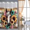 No Hook Bull Sunflowe Pattern Shower Curtain With Snap-in Fabric Liner Sheer Top Window, Waterproof Double Layer Bathtub Curta