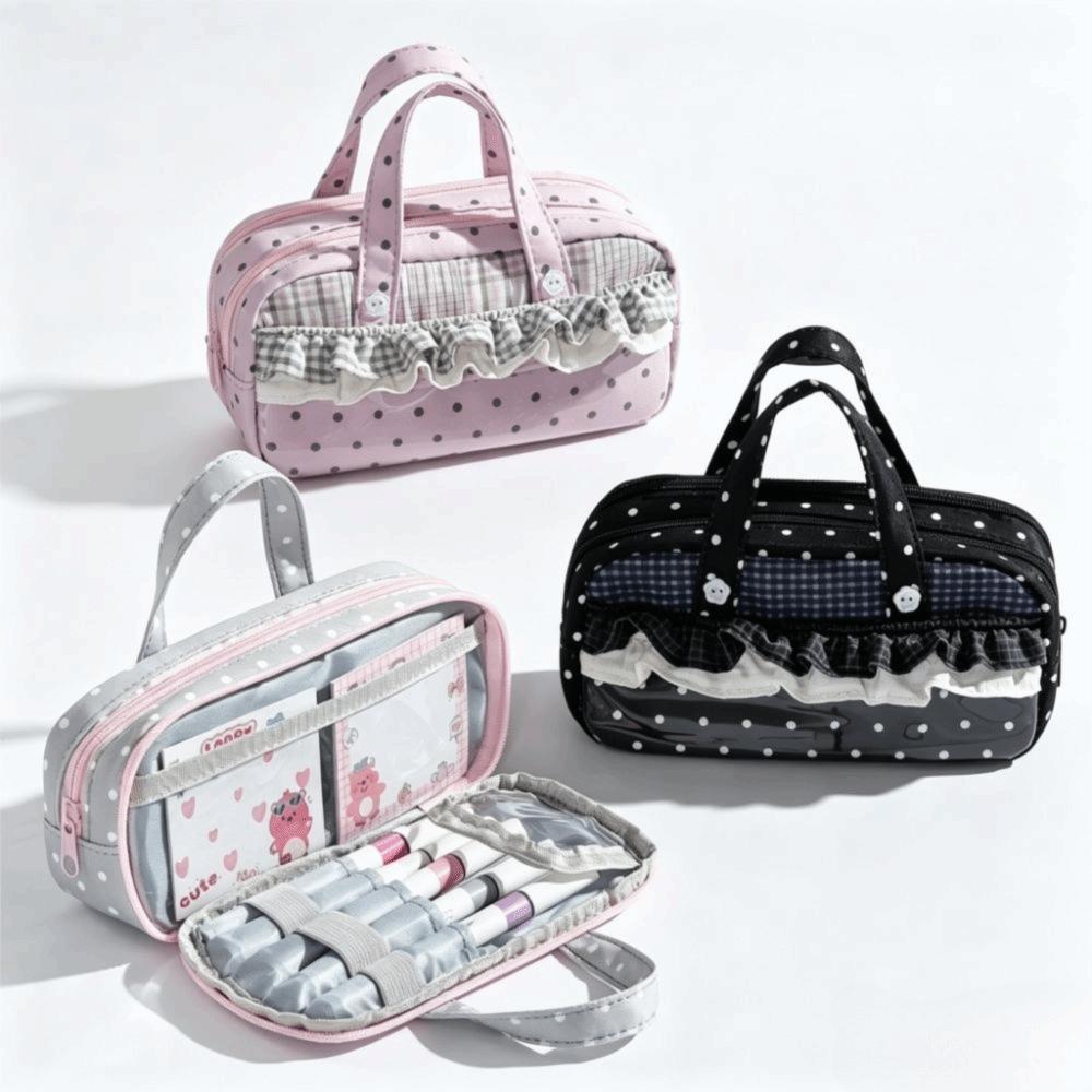 Plaid Polka Dot Lace Pencil Case Large Capacity Lace Stationery Bag Lace Pen Bag  Gift Giving