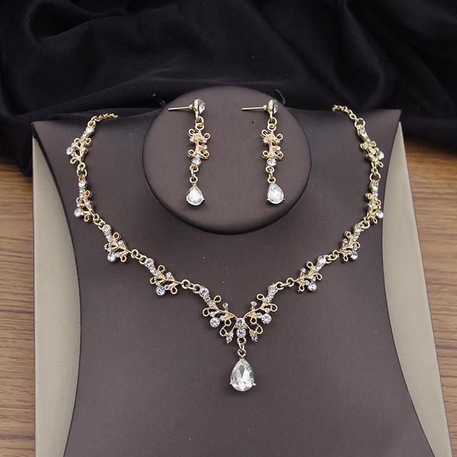 Luxury Pink Crystal Bridal Jewelry Sets Tiaras Earrings Necklace Sets for Women Party Crown Wedding Necklaces Set Bride