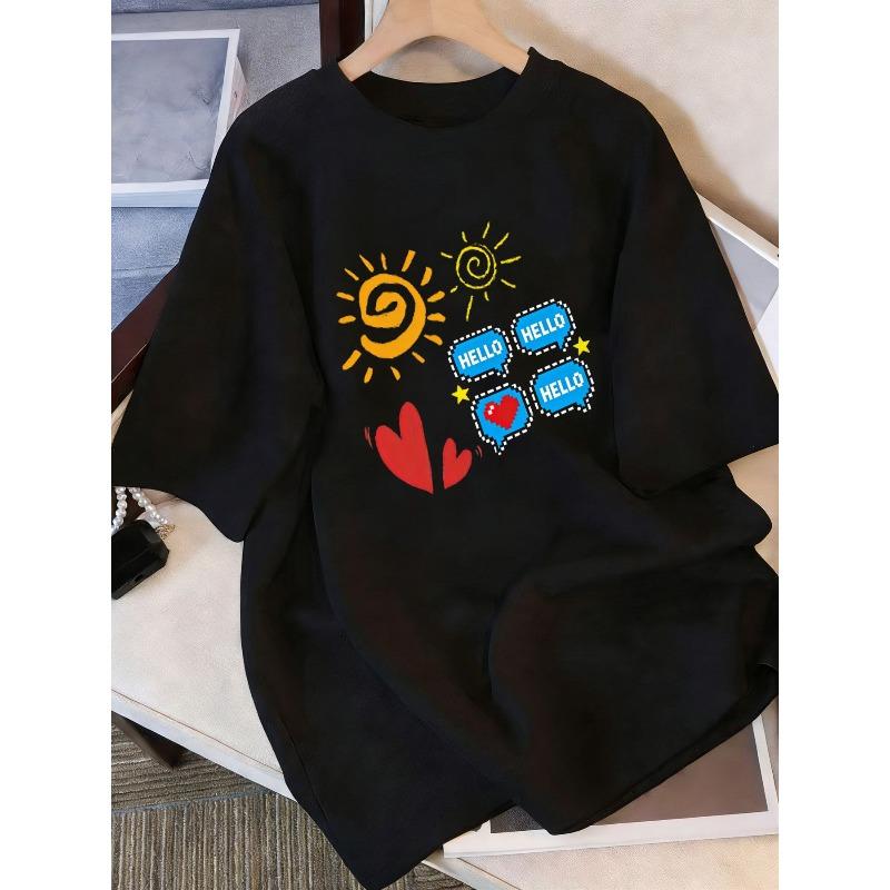 Colorful Suns & Speech Bubbles Print Women s Short Sleeve Tee Casual Loose Fit Summer Daily Top S чёрный