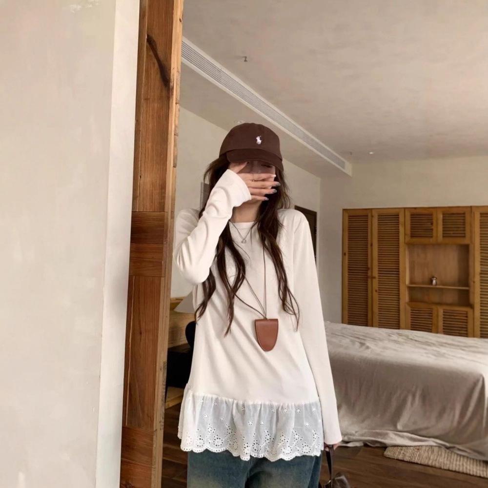 Women’s Korean Lace Patchwork Thermal Long Sleeve Top – Autumn Winter 2025 L белый