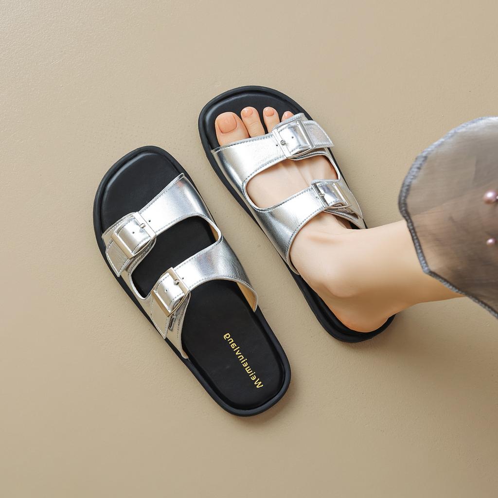 Fashion Silver Belt Buckle Flat Sandals Woman Causal Slides Shoes Summer Two Strap Slippers Beach Flipflops Cozy Slip On Sandalias Mujer