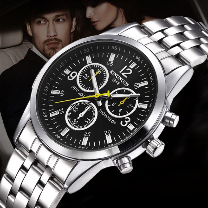 KINGNUOS Ultra Slim 3-Augen-6-Zeiger-Stahlarmband, wasserdichte Stahlarmbanduhr, blaue Glasuhr