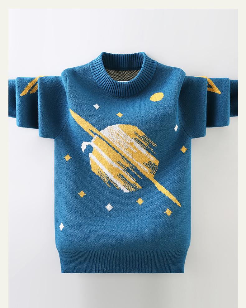 Boys' Fleece-Lined Round Neck Korean-Style Sweater: Thick Knitwear for Autumn and Winter