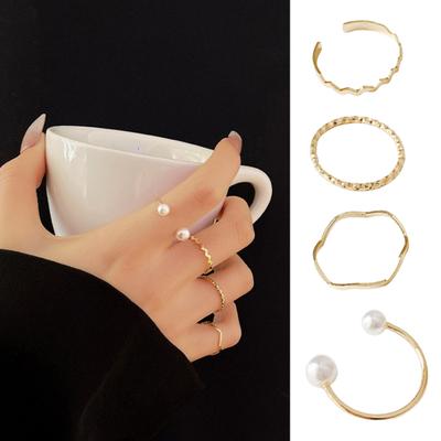 4 Pcs/Set Women Ring Set Different Shape Irregular Faux Pearl Polished Smooth Open Adjustable Commute Knuckle Ring Finger Jewelry