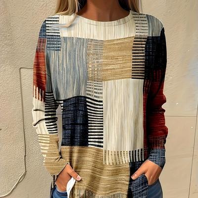 Spring Women's Casual Long Sleeved T-shirt with Grid Pattern Digital Printing Long Sleeved Round Neck Pullover T-shirt