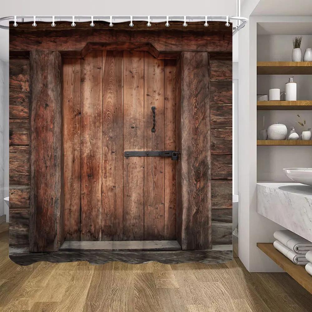 Retro Holz Türen Duschvorhang Set Rustikal Alt Vintage Scheunentor Stoff Badezimmervorhänge Bauernhaus Baddeko Badwände Haken