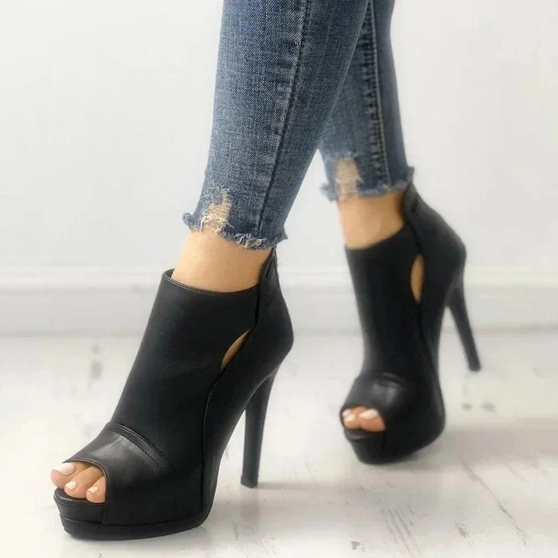 Sandali con tacco alto da donna, sandali con tacco a bocca di pesce, scarpe da ufficio traspiranti, stivali quadrati traforati, scarpe estive con plateau, scarpe da festa e da sposa