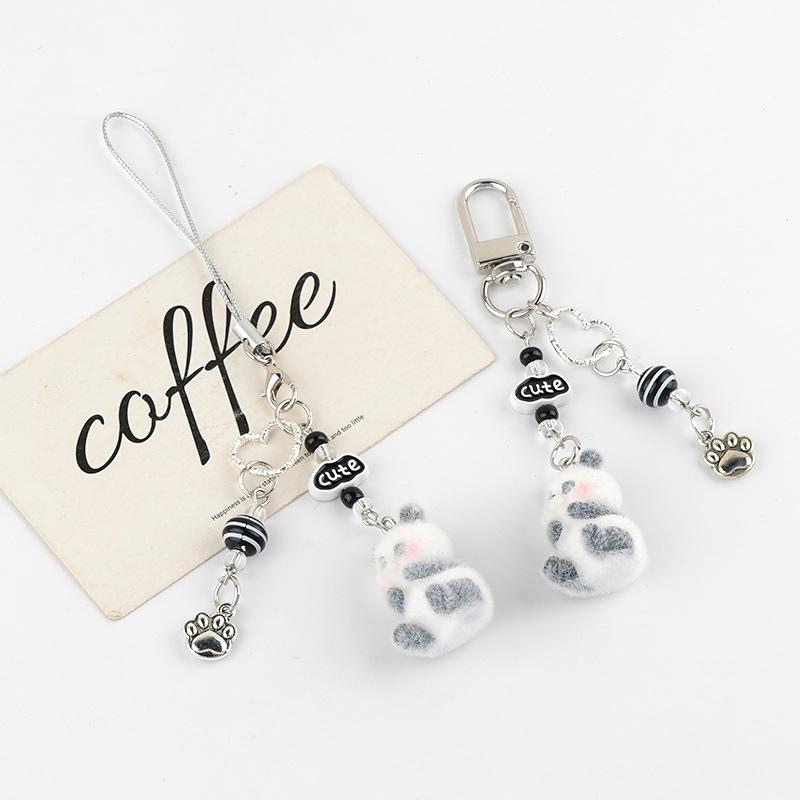 Cute Cartoon Flocking Panda Phone Lanyard  Panda Keychain Mobile Phone Chain Lovely Bag Pendant Couple Keyring