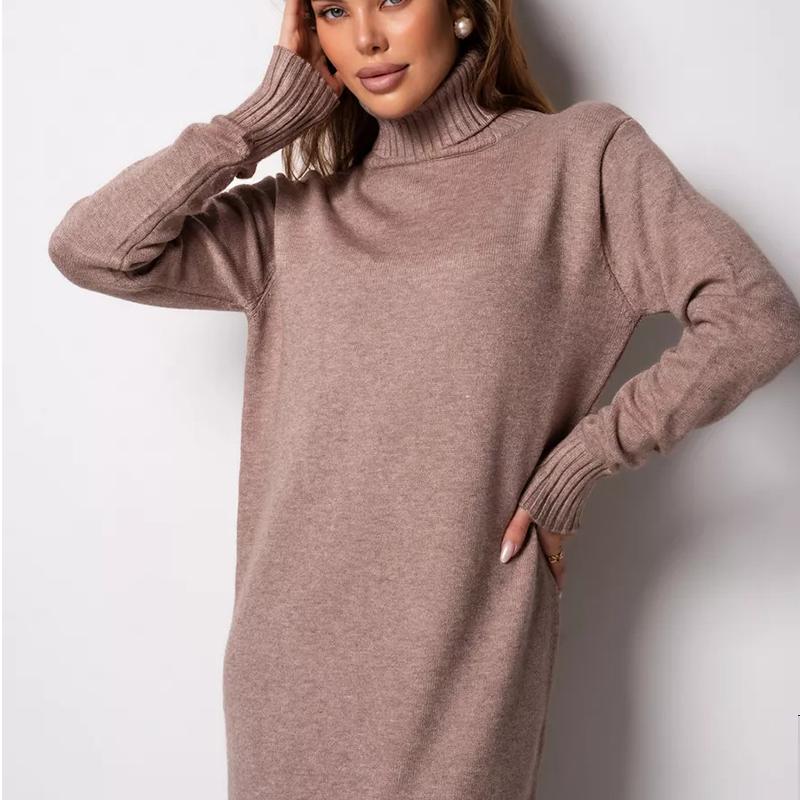 Elegant Solid Color Knitted Dress Women Loose Turtleneck Long Sleeve Female Sweater Autumn Winter Fashion Lady Knitwear