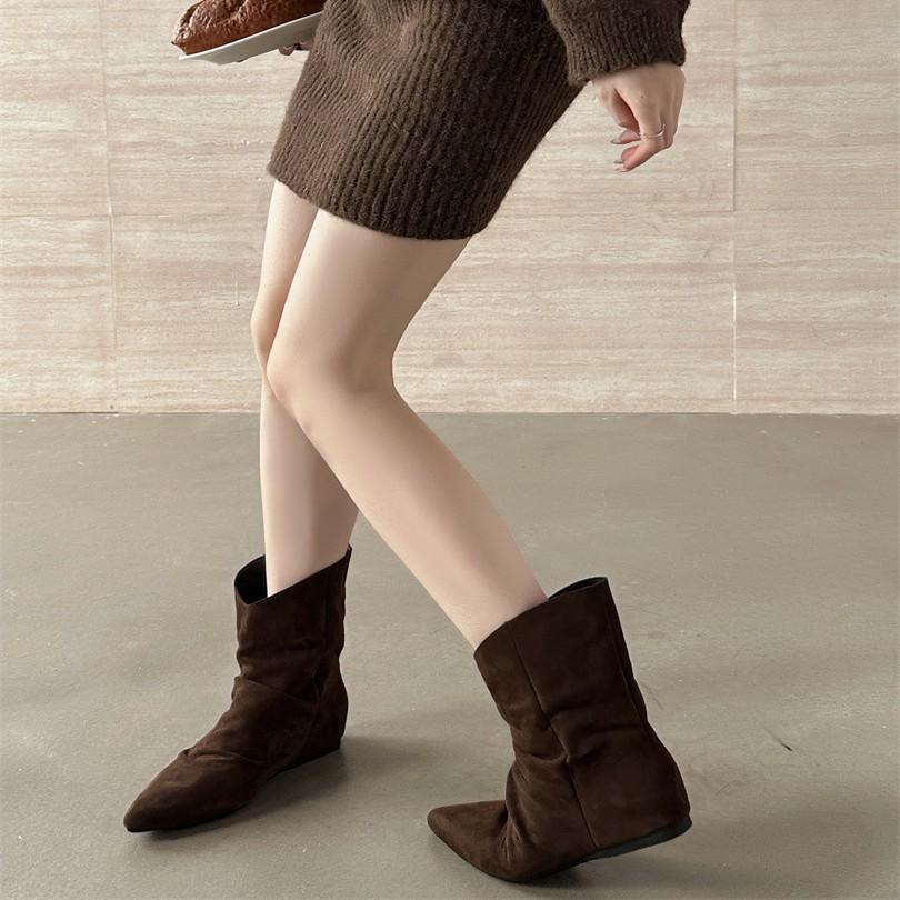 Inner heightening pile short boots women's shoes 2025 spring and autumn single boots pointed khaki with skirt high heel thin boots