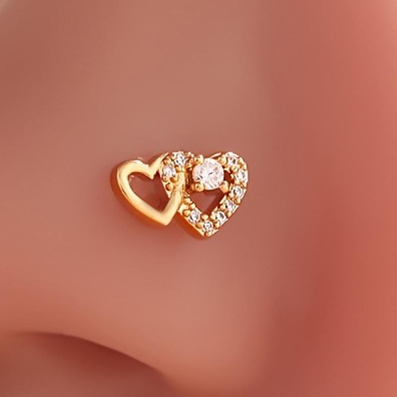 Modische L-förmige Nasensteckerringe Niedlicher glänzender Doppelherz-Nasenring für Frauen Mädchen Körperpiercing-Schmuck Vielseitiger Nasenring