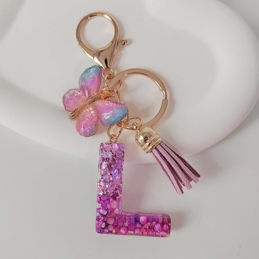Purple Iridescent Resin Letter Keychain with Butterfly Tassel