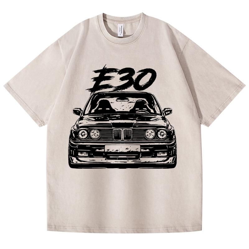 Retro Vasket Vintage T-skjorte E30 Bil 100% Bomull T-skjorte Fleece Tykk Varm Dame Herre Hip Hop Trykket Rund hals T-skjorte