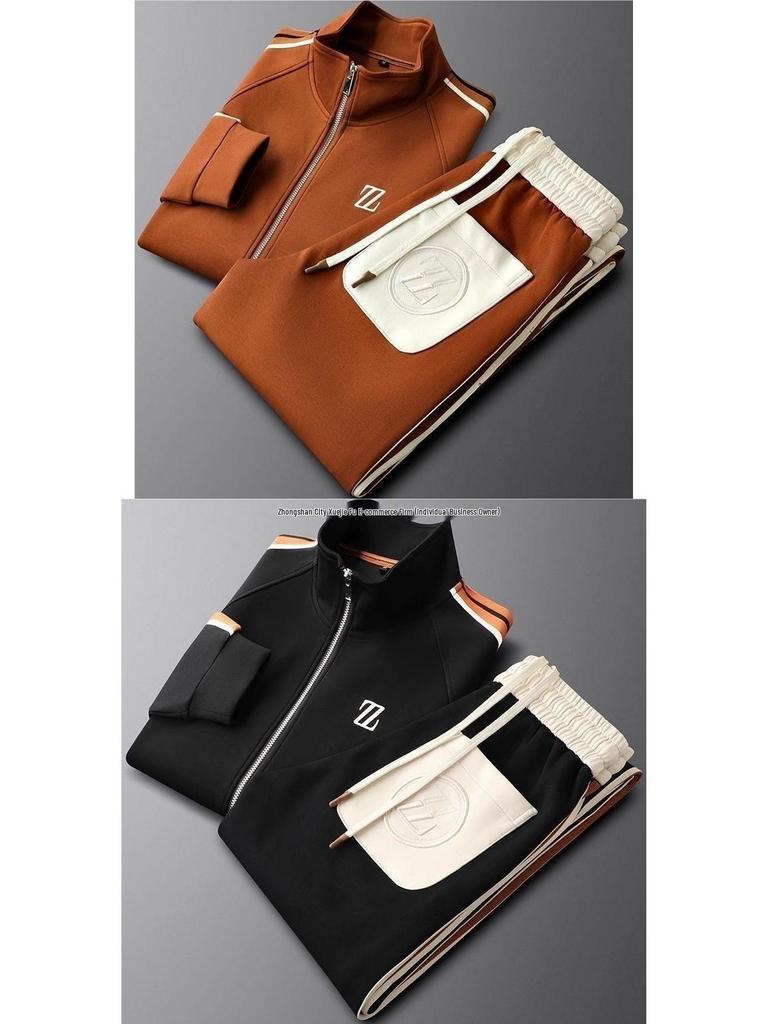 Men's Green Stand-Up Collar Sportswear Set - Long Sleeve, Casual & Versatile, Two-Piece for Autumn.