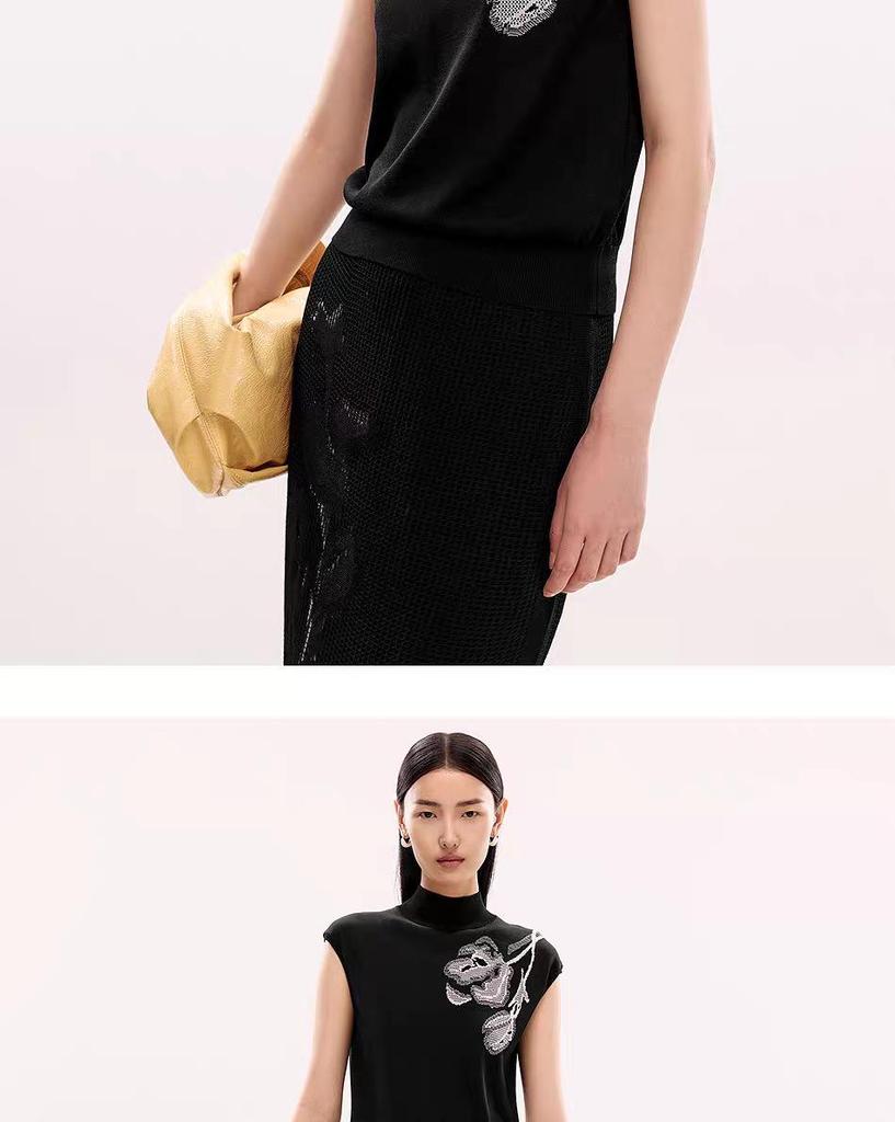 Dámský luxusní pletený top Lang Z podzim 2025 v čínském stylu s krátkým rukávem a kulatým výstřihem.