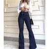 Women's High Waist Flare Jeans Tie Waist Sand Wash Stretch Denim Pants Urban Streetwear Long Trousers For Summer