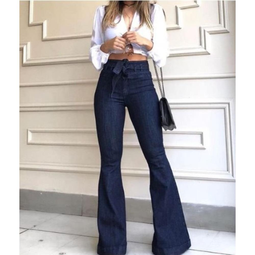 Women's High Waist Flare Jeans Tie Waist Sand Wash Stretch Denim Pants Urban Streetwear Long Trousers For Summer