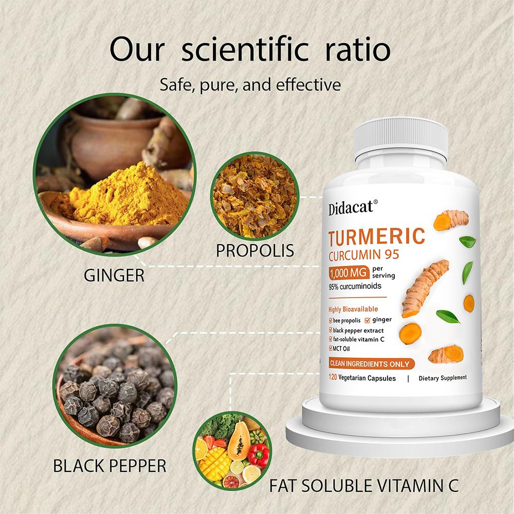 Curcumin Capsules 1000mg 6-in-1 Formula Contains 95% Curcumin+Propolis+Ginger+Black Pepper to Protect Immune Joints and Digestive Health 120 Capsules