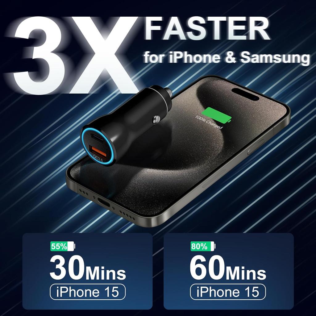 iPhone 17 16 15 Car Charger, [Apple MFi Certified] USB C Car Charger 43W Fast Charging with 3.3 FT Type C to C Cable, USB Car Adapter for iPhone