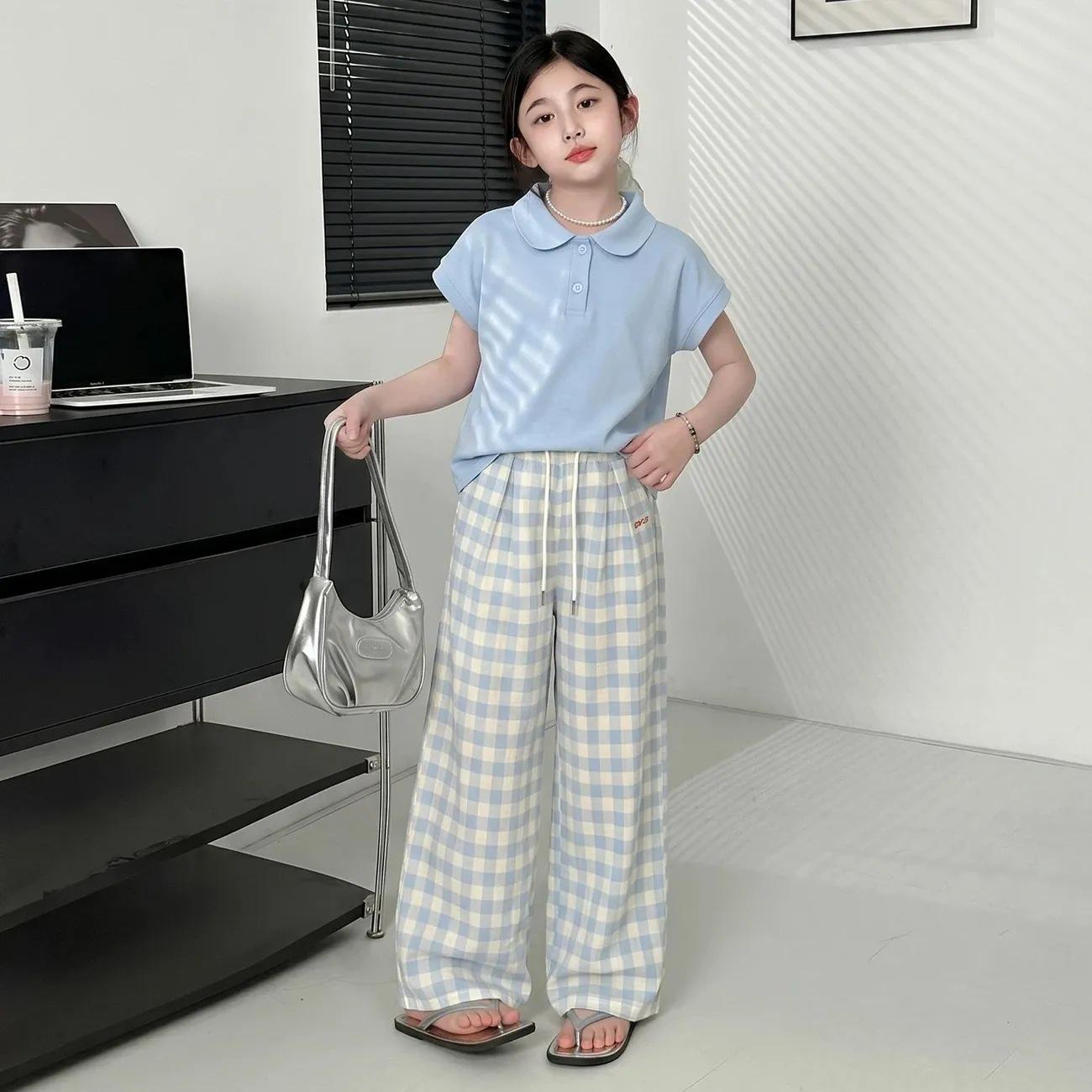 Girls  Summer Casual Set: Fashionable Plaid POLO Collar Top & Wide-Leg Pants 120cm