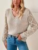 V-Neck Crochet Jacquard Sweater: Women's Loose Fit, Long Sleeve Pullover for Spring & Autumn