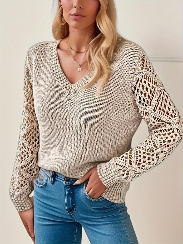 V-Neck Crochet Jacquard Sweater: Women's Loose Fit, Long Sleeve Pullover for Spring & Autumn