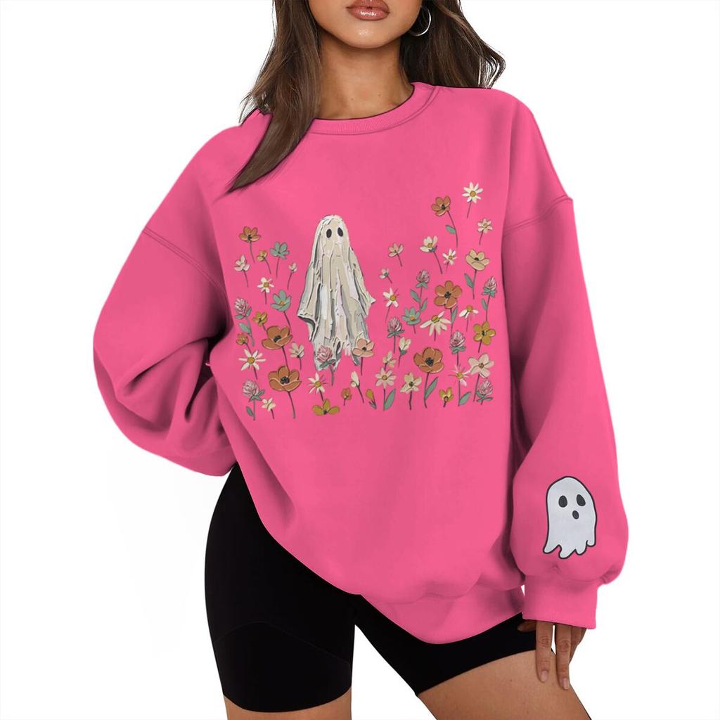 Vintage Halloween Floral Ghost Print Sweatshirt Women Men Crew Neck Long Sleeve Casual Pullover Halloween Sweatshirts Gifts