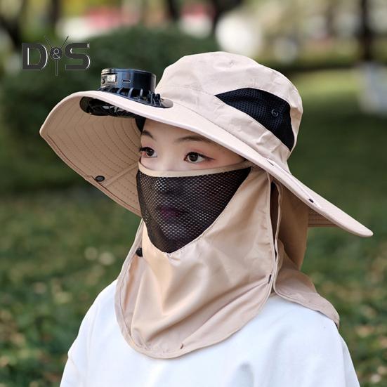 Solar-Ventilator-Hut mit Gesichtsschutz, Nackenklappe, LSF 50+, UV-Schutz, Hut mit Solar-Ventilator, wiederaufladbar über USB, atmungsaktiv, für Herren, Sommer, Outdoor, Angeln, breite Krempe