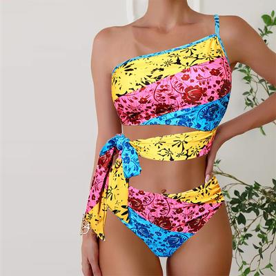 Women's Swimwear Tankini 2 Piece Swimsuit Multi Colored Slanted Shoulder Rose Print Vacation Bathing Suits