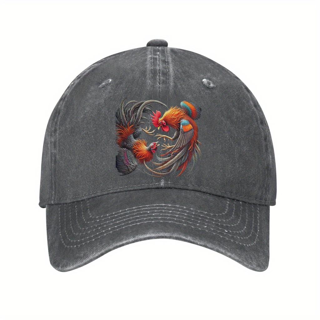 Rooster Fight Graphic Print Adjustable Denim Baseball Cap Casual Curved Brim Dad Hat for Outdoor Unisex