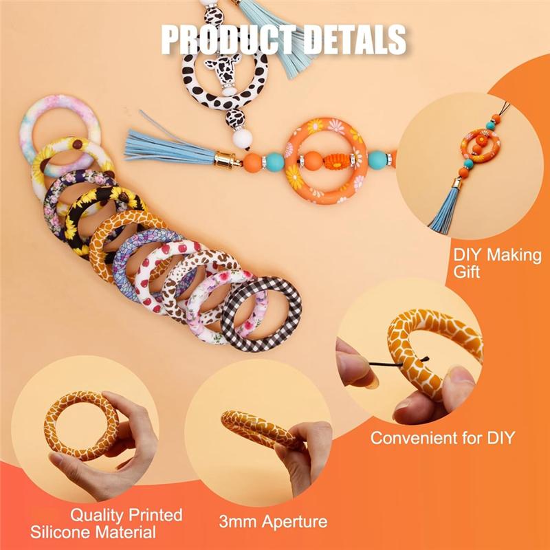 12Pcs Silicone Beadable O Rings Bulk 65Mm Round Silicone Beads Loop With 2 Hole, Water Transfer Printed Silicone Pendant