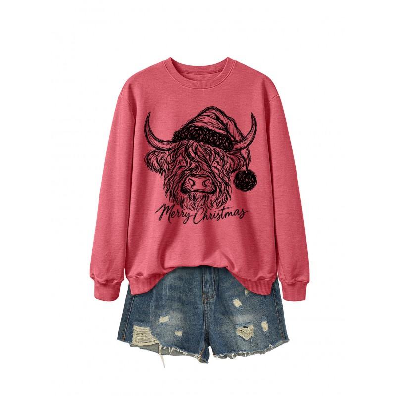 Womens Casual Fashion Christmas Yak Head Print Crewneck Sweatshirt Regular Fit Daily Wear