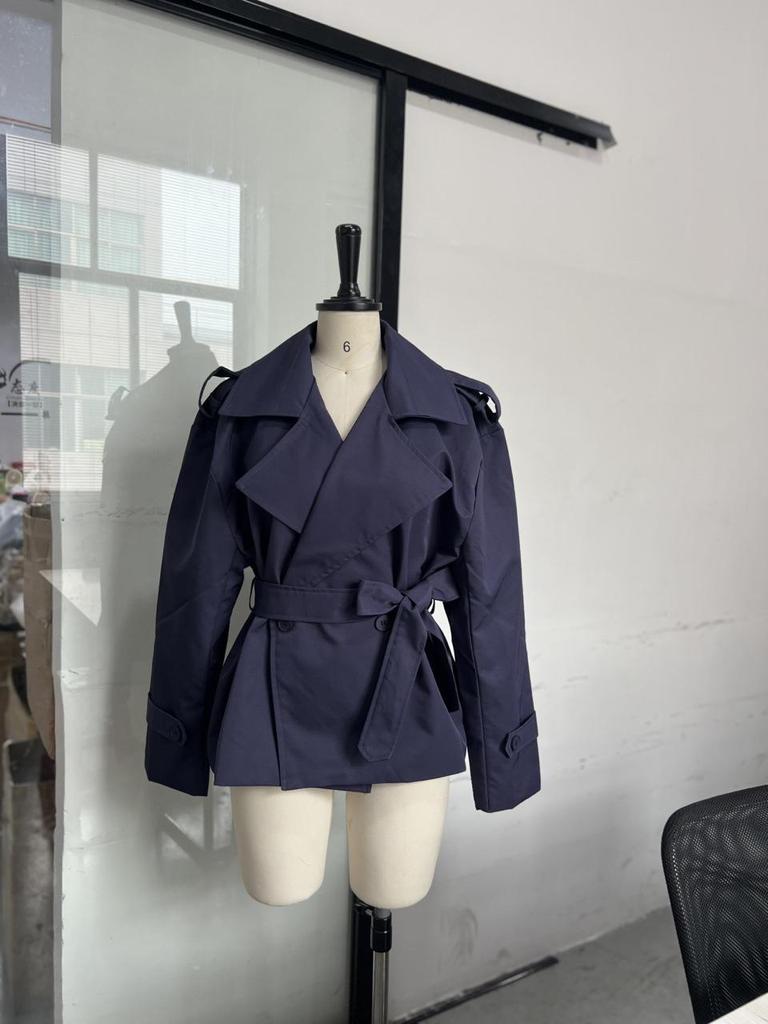 2025 Spring-Autumn Solid Color Belted Short Trench Coat