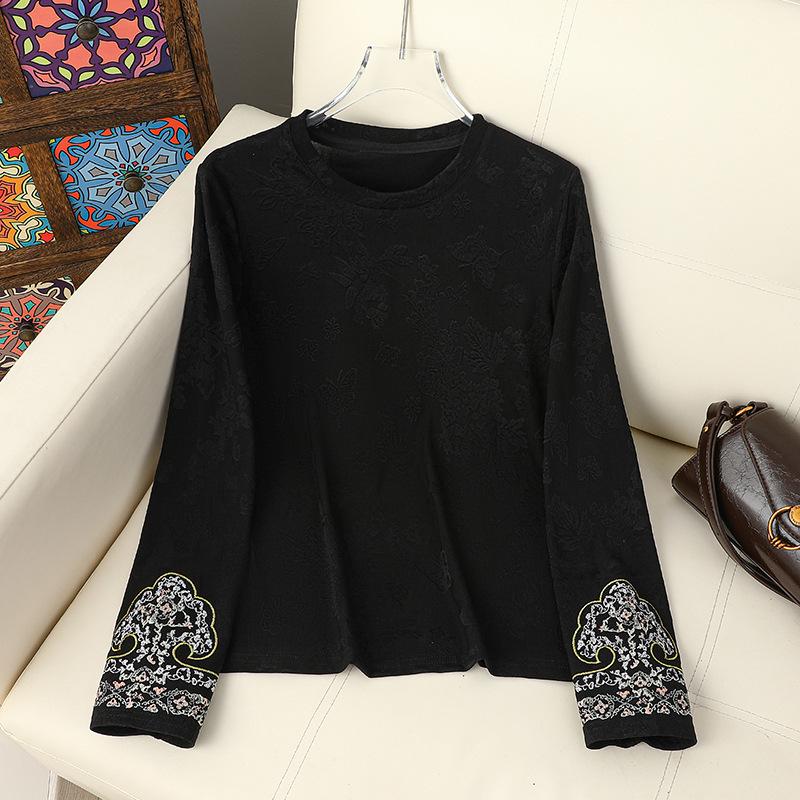 

Embroidered Long Sleeve T-Shirt Women, Spring/Autumn 2026, Round Neck, Petite Fit, Plus Velvet Inner Layer XL (85-100 Jin)