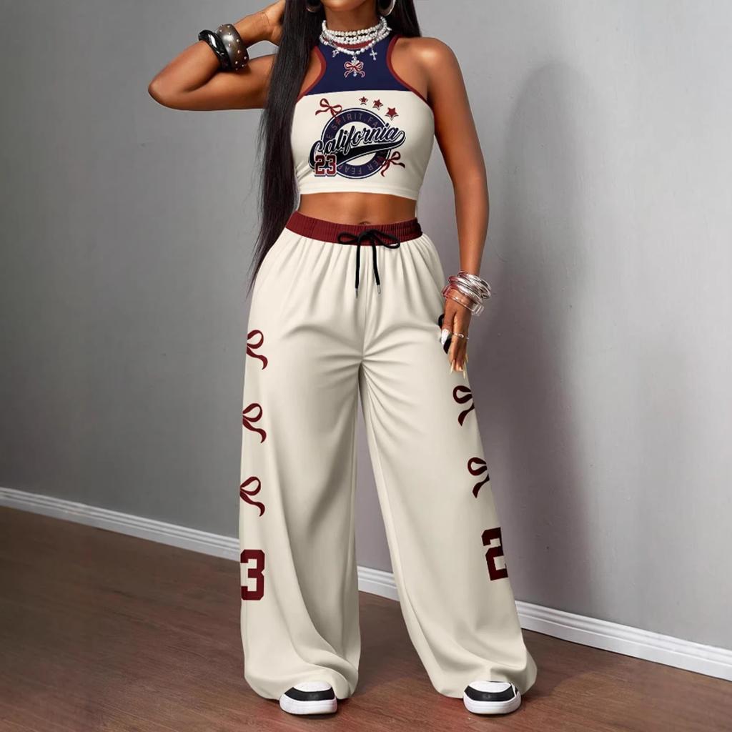Set T-shirt con Stampa Hip Hop Street e Pantaloni Larghi Casual da Ragazza