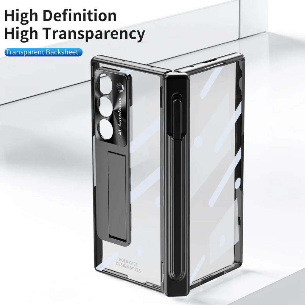 For Samsung Galaxy Z Fold6 7 Phone Case Spring Hinge Pen Slot Holder with Pen Electroplating Transparent Shell Film ZFold6 Cover