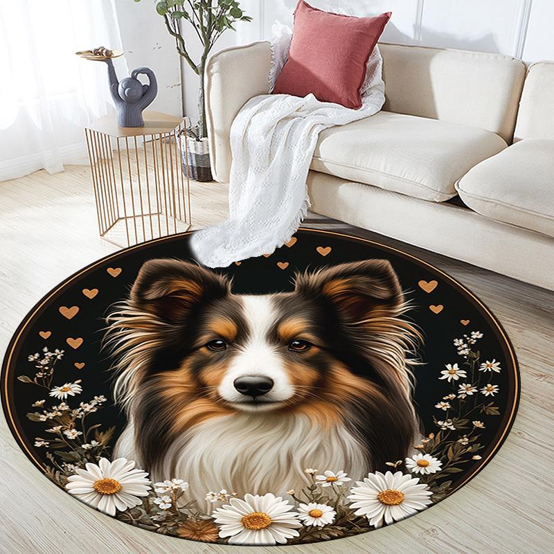 Collie Dog Round Area Rug,Carpet Rug for Living Room Bedroom Sofa Playroom Decor,Non-slip Floor Mat