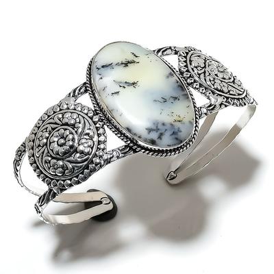 Natural Dendrite Opal Gemstone 925 Sterling Silver Cuff Bangle Adjustable i1I16