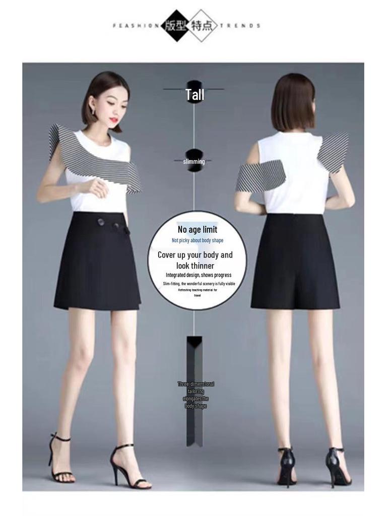 Women's High-Waisted Black Suit Shorts - Korean Style, Slim, Wide-Leg Skirt-Pants for Spring/Summer