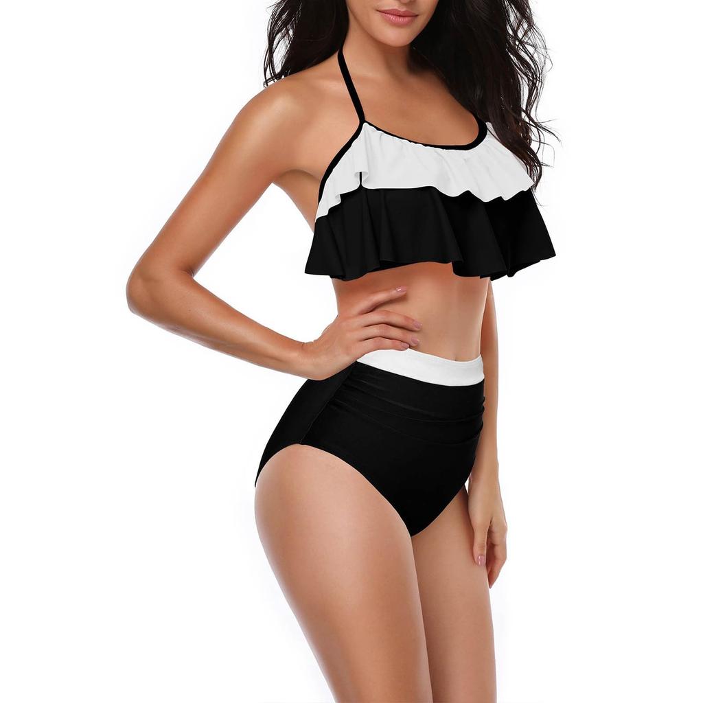 Women’s Two Piece High Waist Bikini Set with Ruffle Top and Ruched Waistband Swimwear for Beach Pool Resort