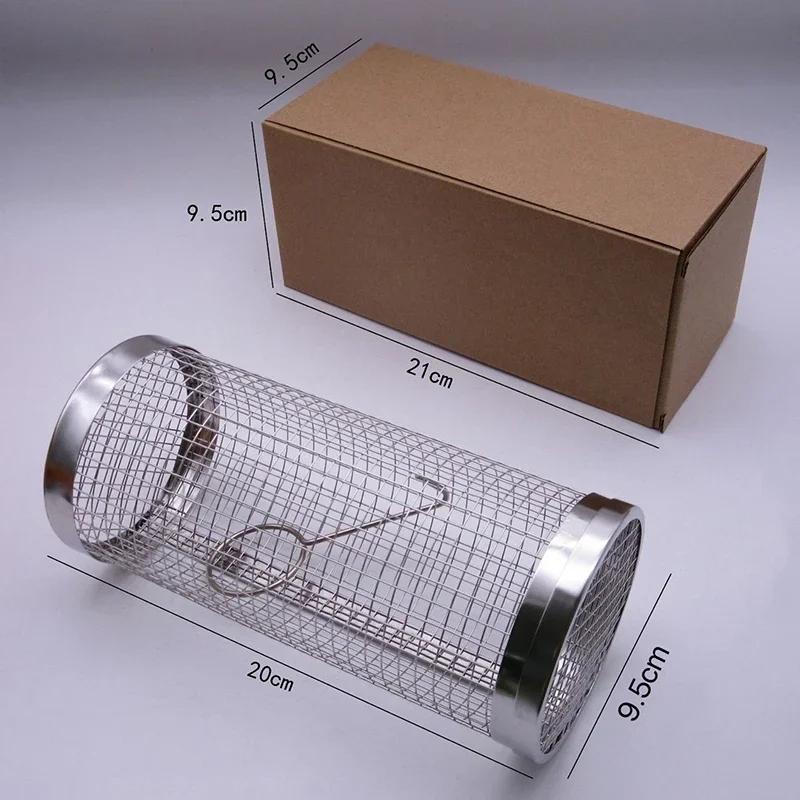 Stainless Steel Rolling Barbecue Basket Cylindrical Barbecue Basket Wire Mesh Portable Outdoor Barbecue Grill