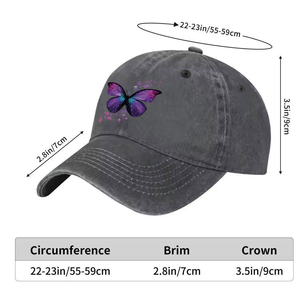 Butterfly Print Washed Baseball Cap Unisex Vintage Adjustable Denim Hat Casual Sports Snapback